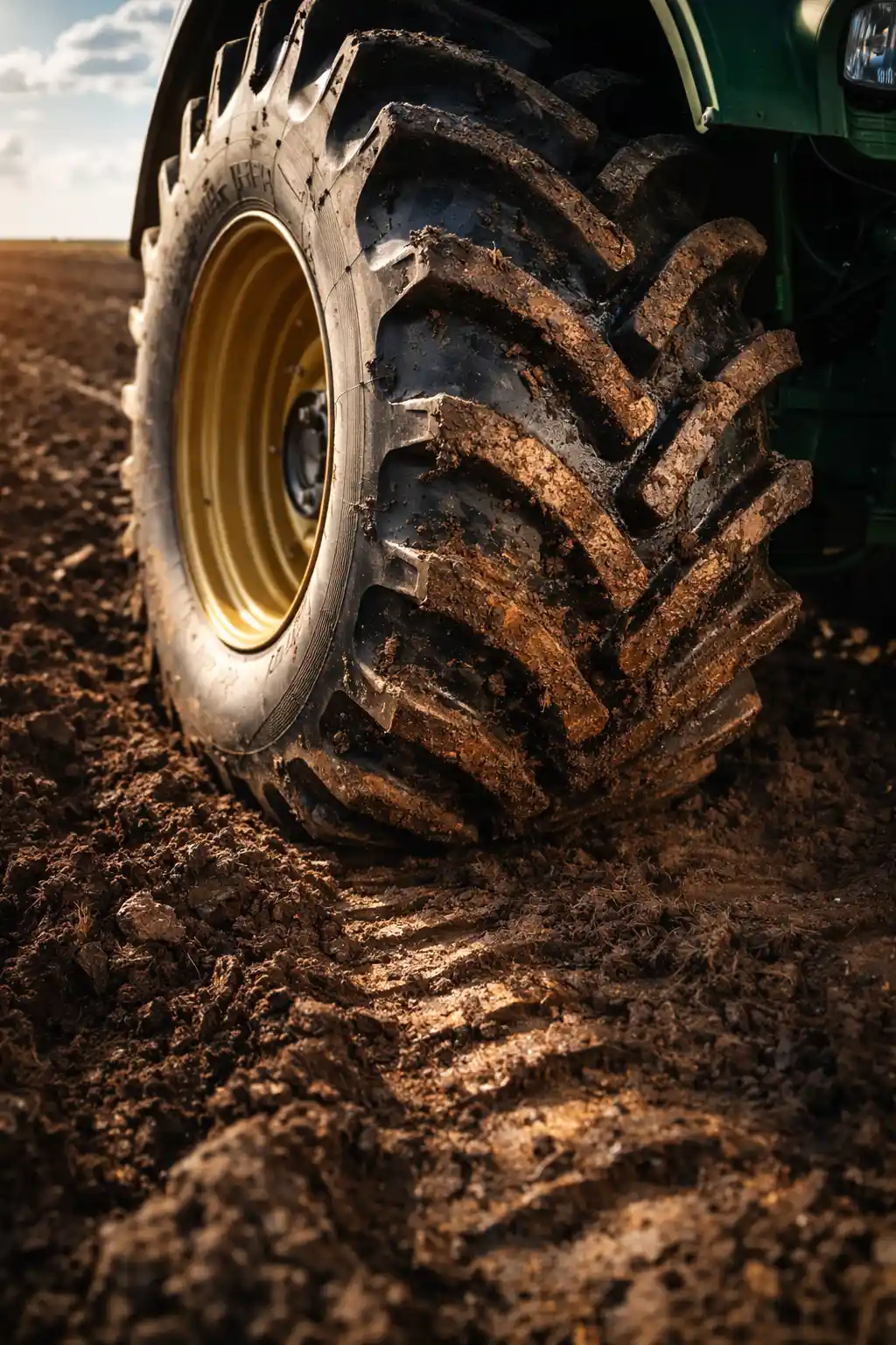 Massive tractor tire spreading at low pressure in a tilled field