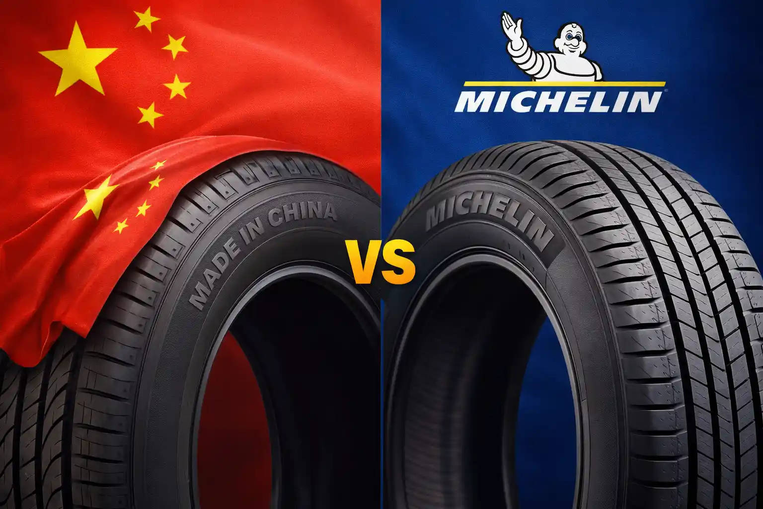 Comparison split screen of budget tire versus premium tire on wet pavement