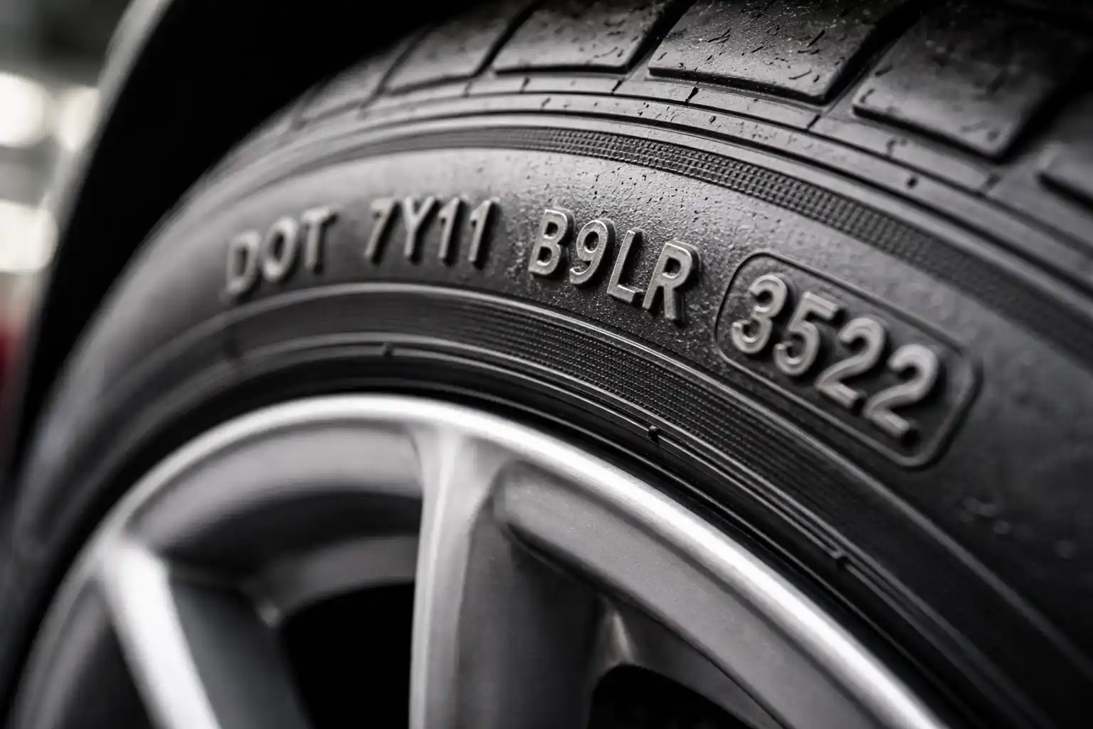 Close up of a tire sidewall showing the DOT manufacturing date code