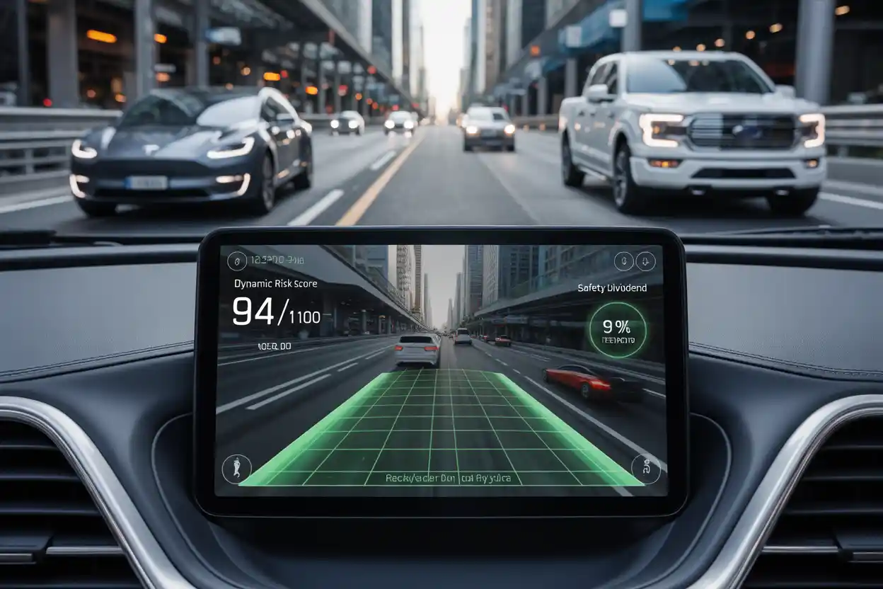 Futuristic car dashboard showing real-time insurance data