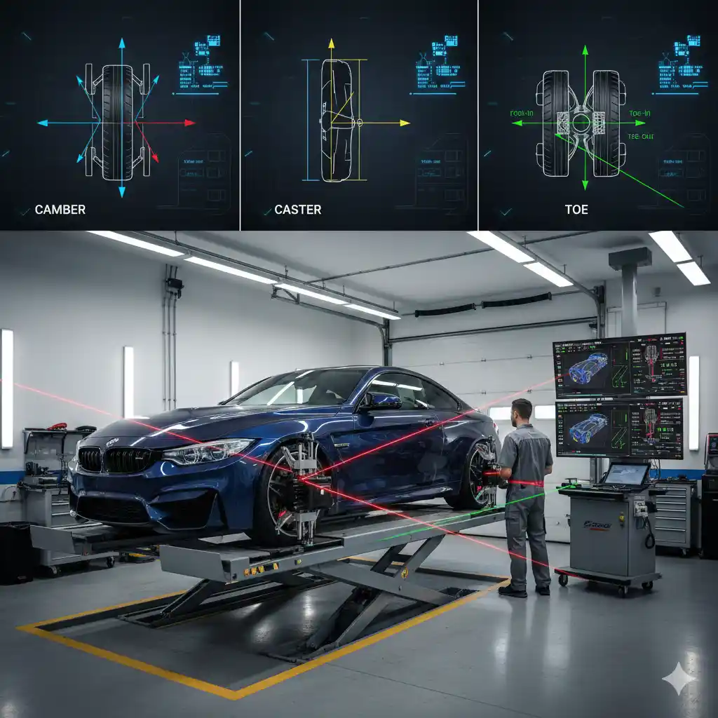 Professional laser alignment equipment measuring a car's wheels