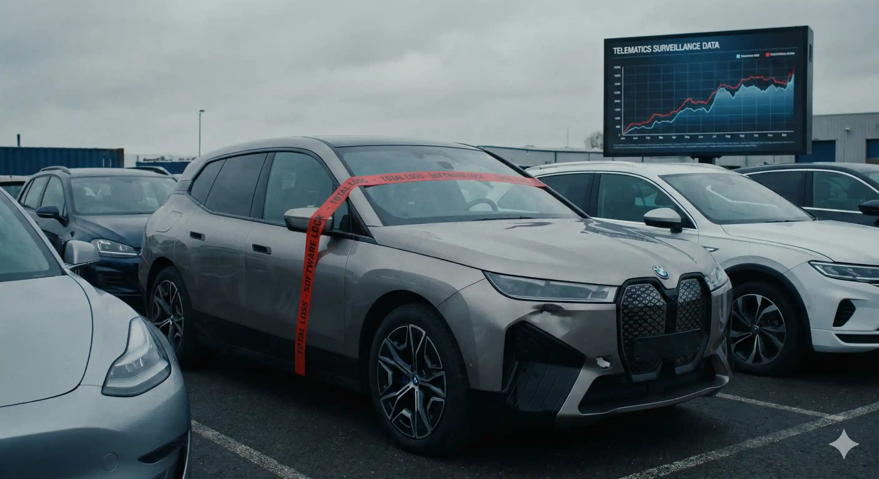 High-tech luxury car in a salvage yard with insurance tape