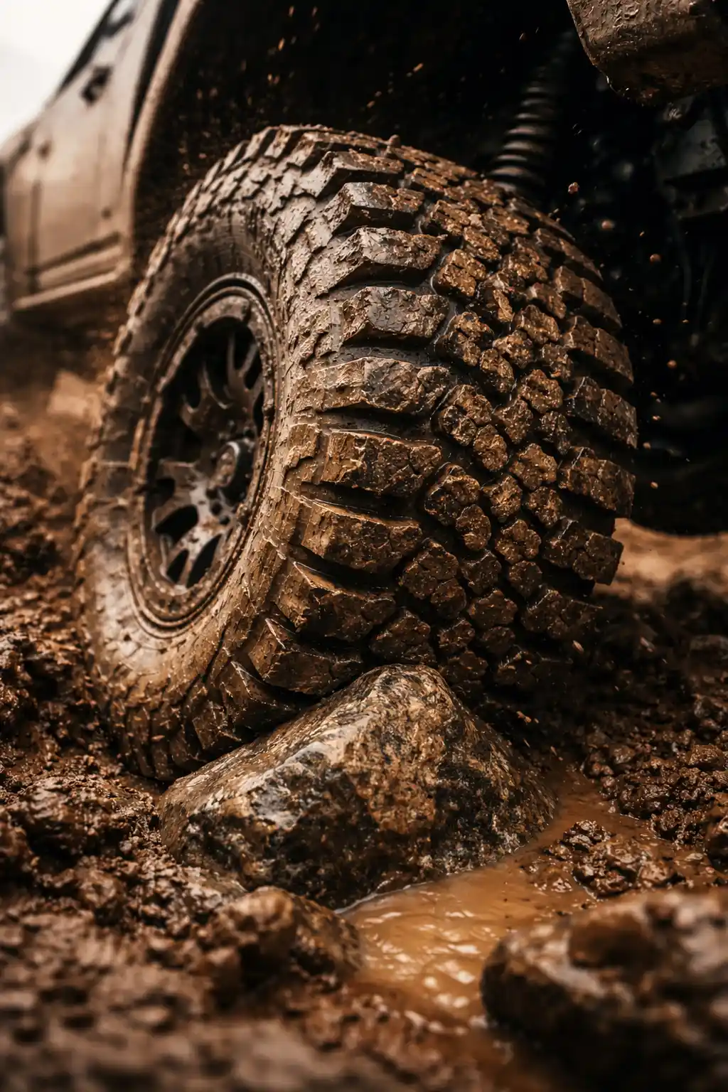 Close-up of a rugged 4x4 off-road tire aired down to low pressure, crawling over a sharp rock in deep mud