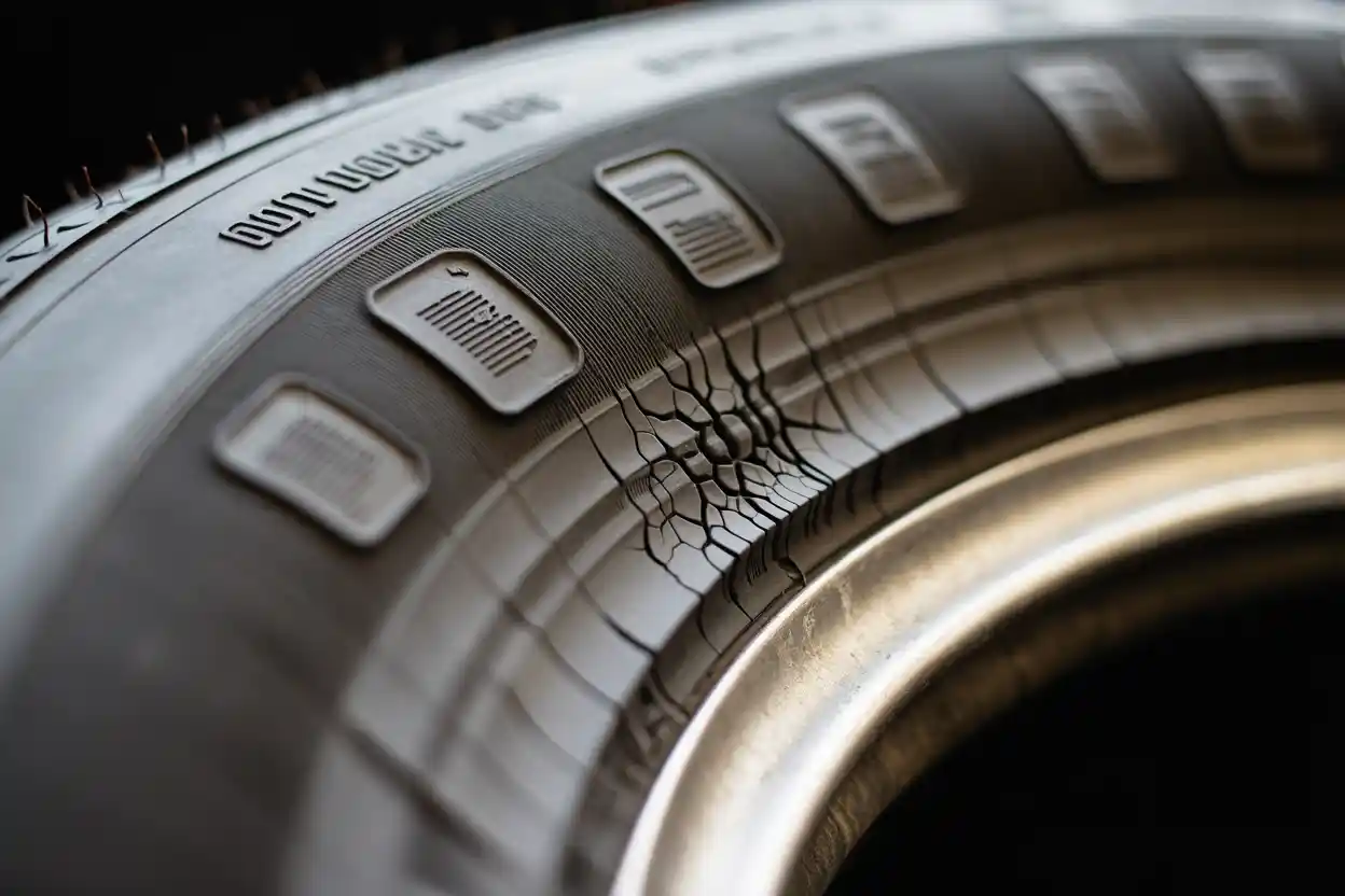 Close up of a weathered tire showing dry rot cracks and the DOT date code