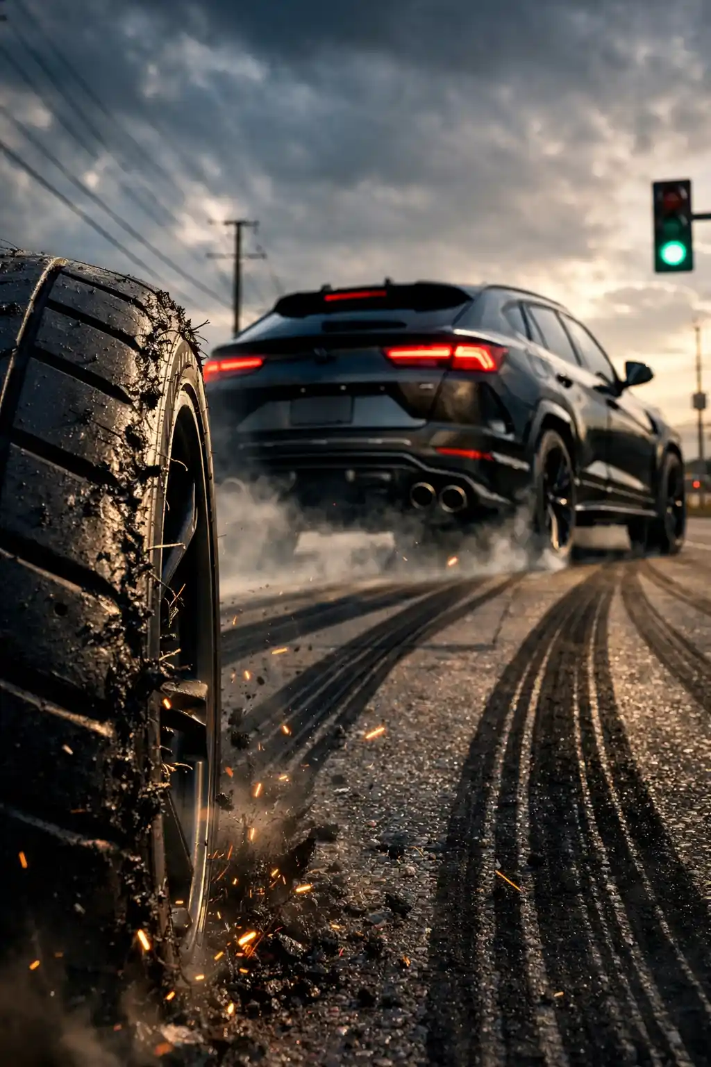 Luxury performance SUV leaving black tire marks on the road