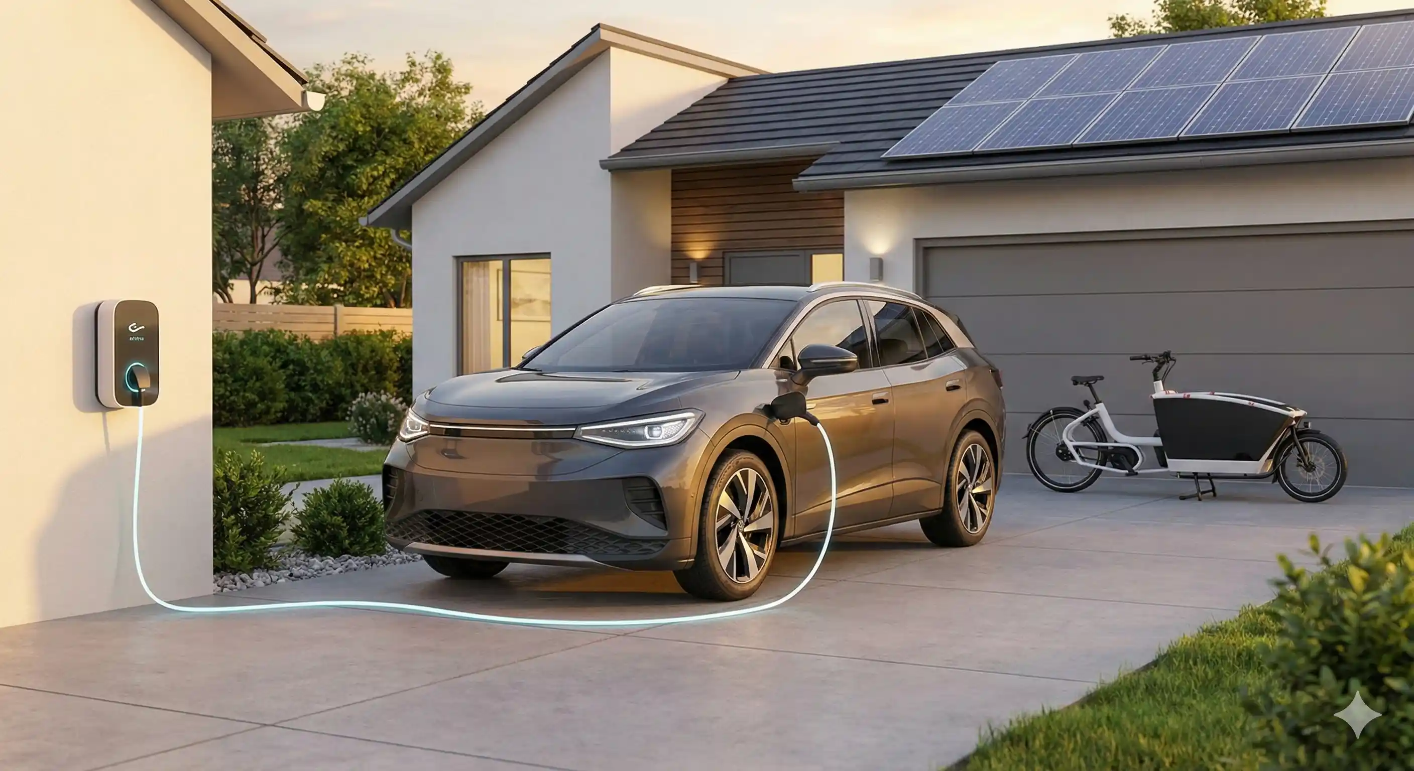 2026 American suburban driveway with a PHEV SUV and electric cargo bike